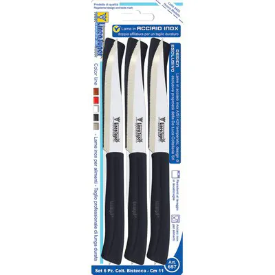 2CF COLTELLO BISTECCA SUPER DE LUCA MANICO PLT NERO/INOX CM 11 CF=PZ 6 — Cucina e coltelleria — rif. FERX.VIR2250145