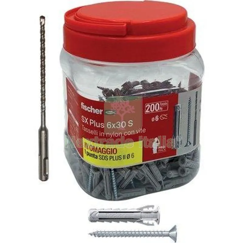 Tassello Nylon SX 6S Plus Vite TSP Propack Fischer CF=PZ 200 + 1 Punta SDS Plus MM 6 MM 6x30 — Tasselli e ancoraggi — rif. FERX.VIR4352947