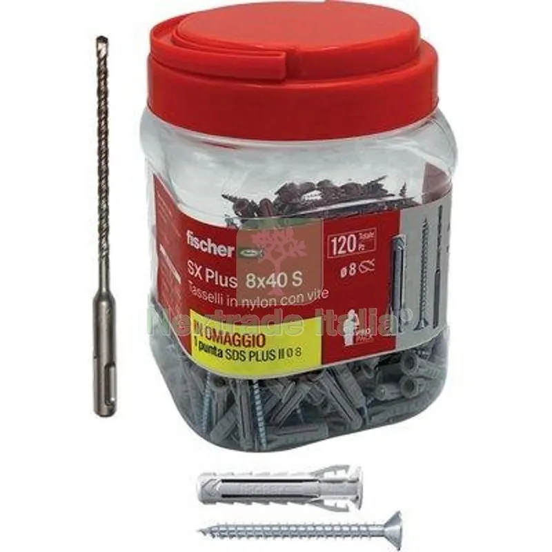 Tassello Nylon SX 8S Plus Vite TSP Propack Fischer CF=PZ 120 + 1 Punta SDS Plus MM 8 MM 8x40 — Tasselli e ancoraggi — rif. FERX.VIR4352948