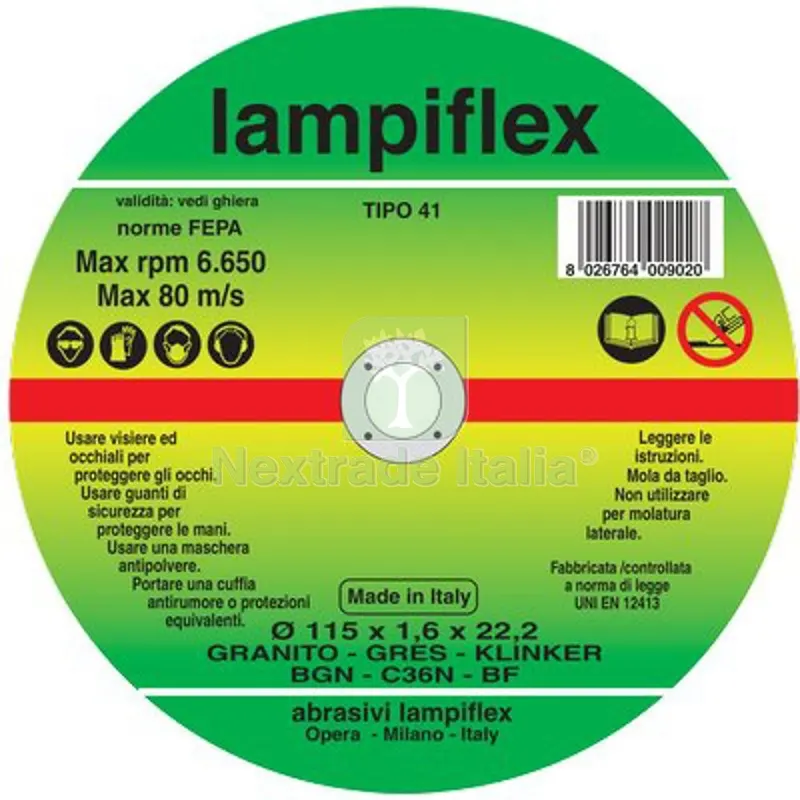 25PZ DISCO ABRASIVO TAGLIO GRANITO LAMPIFLEX MM 115X22,2 H.MM 1,6 — Punte, frese e dischi — rif. FERX.VIR7132042 25PZ DISCO ABRASIVO TAGLIO GRANITO LAMPIFLEX MM 115X22,2 H.MM 1,6 — Punte, frese e dischi — rif. FERX.VIR7132042