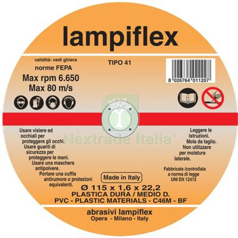 25PZ Disco Abrasivo Taglio PVC Lampiflex MM 115X22,2 H.MM 1,6 — Punte, frese e dischi — rif. FERX.VIR7132043 25PZ Disco Abrasivo Taglio PVC Lampiflex MM 115X22,2 H.MM 1,6 — Punte, frese e dischi — rif. FERX.VIR7132043