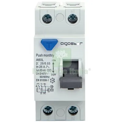 INTERRUTTORE DIFFERENZIALE PURO AIGOSTAR 2P VOLT 230 A 25 KA 6,0 MA 30 BIPOLARE — Interruttori e prese — rif. FERX.VIR7409120