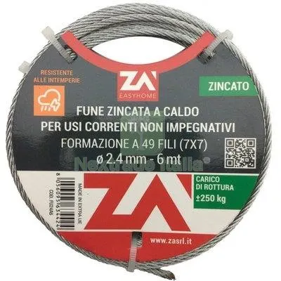 4PZ Fune Argano Zincata D.MM 2,4 L.MT 6 N° Fili 49 — Lucchetti e catene — rif. FERX.VIR7542227