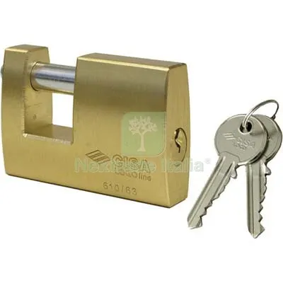 LUCCHETTO RETTAGOLARE 21610 LOGO OTTONE SATINATO CHIAVI 2 MM 90 LUCE MM 35x18,2 — Lucchetti e catene — rif. FERX.VIR8236139