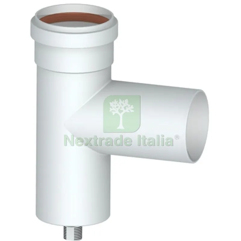 RACCORDO A TEE 90° CON TAPPO CONVOGLIATORE CONDENSA Diam. 80 — Tubi e raccordi — rif. FERX.DIA409-231 RACCORDO A TEE 90° CON TAPPO CONVOGLIATORE CONDENSA Diam. 80 — Tubi e raccordi — rif. FERX.DIA409-231