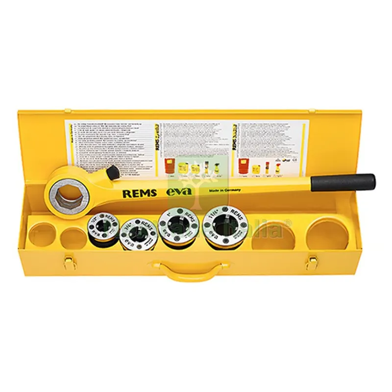 Filiera a Cricco Rems EVA Set R 1/2-1"1/4 Set R 1/2-3/4-1-1"1/4 — Maschi e filettatura manuale — rif. FERX.DIA502-R520015 Filiera a Cricco Rems EVA Set R 1/2-1"1/4 Set R 1/2-3/4-1-1"1/4 — Maschi e filettatura manuale — rif. FERX.DIA502-R520015