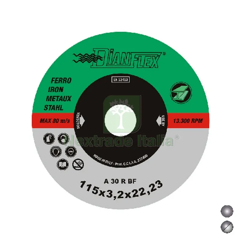 DISCO ABRASIVO PER FERRO mm 115 x sp. 3.2 Ferro — Punte, frese e dischi — rif. FERX.DIA507-IDF-11532 DISCO ABRASIVO PER FERRO mm 115 x sp. 3.2 Ferro — Punte, frese e dischi — rif. FERX.DIA507-IDF-11532