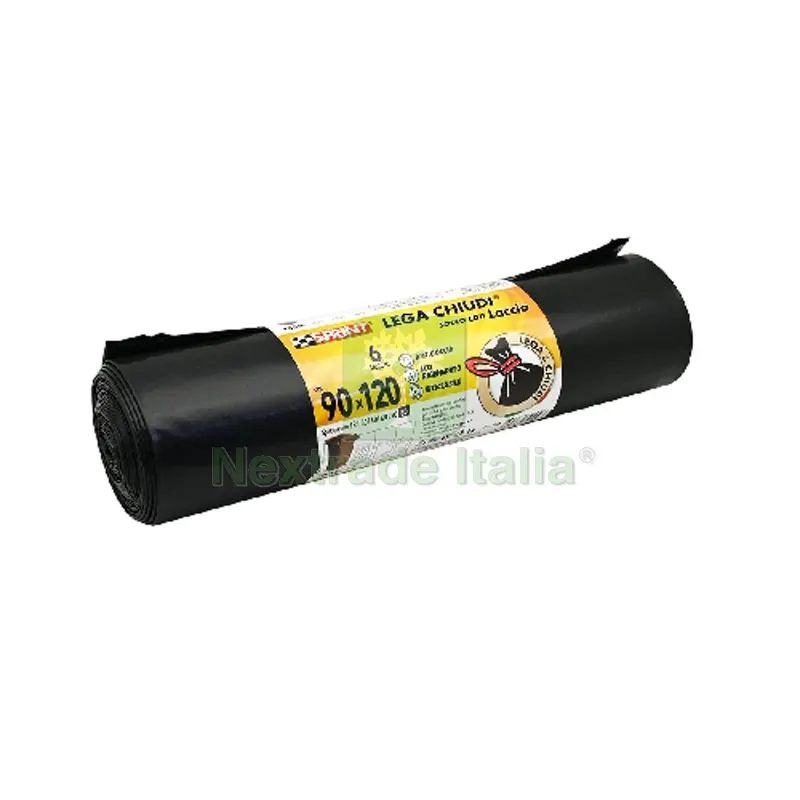 6 PZ Sacchi Spazzatura Lega e Chiudi C/Laccio 80 MY Nero cm 90 x 120 — Protezione piante e sementi — rif. FERX.DIA600-LP33-N90120