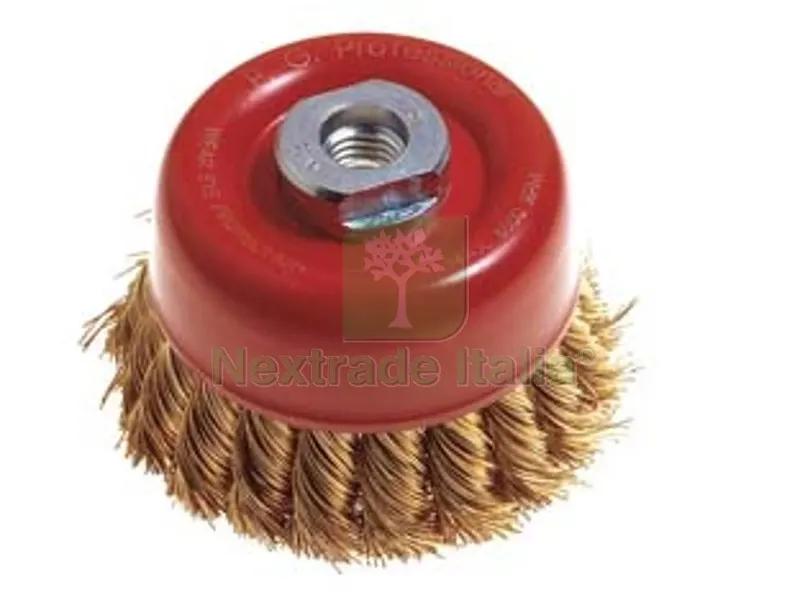 SPAZZOLA A TAZZA FILI ACCIAIO RITORTI PER SMERIGLIATRICE - ? mm.65 foro filettato 14 MA PG 485.70 — Punte, frese e dischi — rif. FERX.FER84642