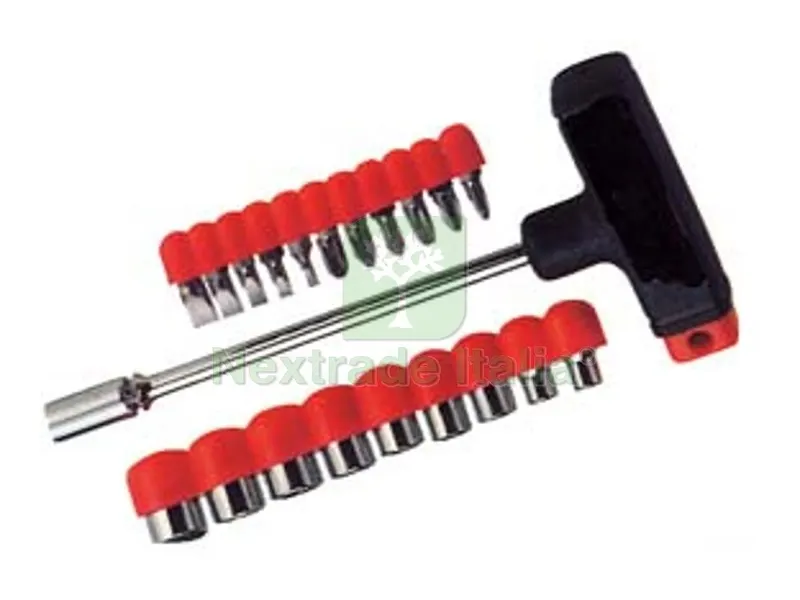 INSERTI E BUSSOLE MANICO "T" IN SET 22 PEZZI in acciaio con manico a T gommato 9 bussole 11 inserti 1 chiave a T con manico — Chiavi e bussole — rif. FERX.FER52054 INSERTI E BUSSOLE MANICO "T" IN SET 22 PEZZI in acciaio con manico a T gommato 9 bussole 11 inserti 1 chiave a T con manico — Chiavi e bussole — rif. FERX.FER52054