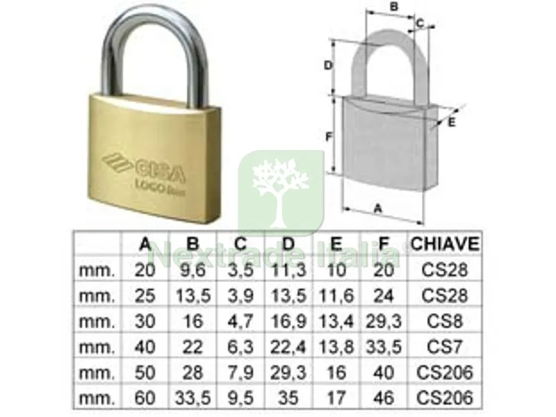 12PZ lucchetto logo ottone arco normale 21010 - mm.25 (art.21010250) — Lucchetti e catene — rif. FERX.FER72250