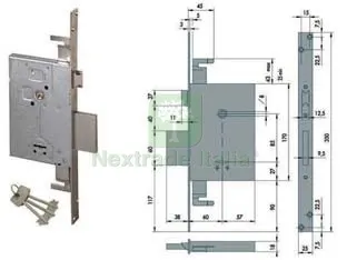 serratura triplice da infilare doppia mappa con scrocco 57255 - mm.60 (57255600) — Chiavi grezze e duplicati — rif. FERX.FER64538 serratura triplice da infilare doppia mappa con scrocco 57255 - mm.60 (57255600) — Chiavi grezze e duplicati — rif. FERX.FER64538