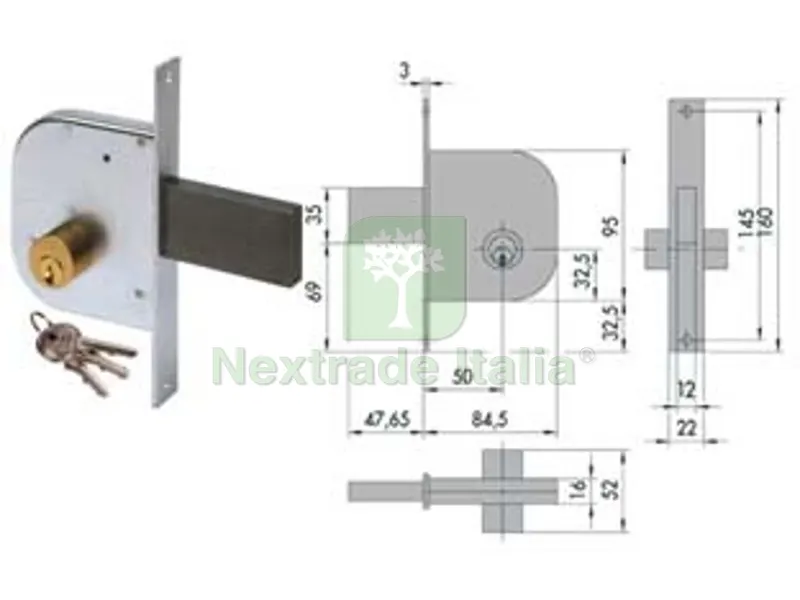 2PZ serratura da infilare per cancelli catenaccio e scrocco 42010 - mm.50 (42010500) — Lucchetti e catene — rif. FERX.FER65337