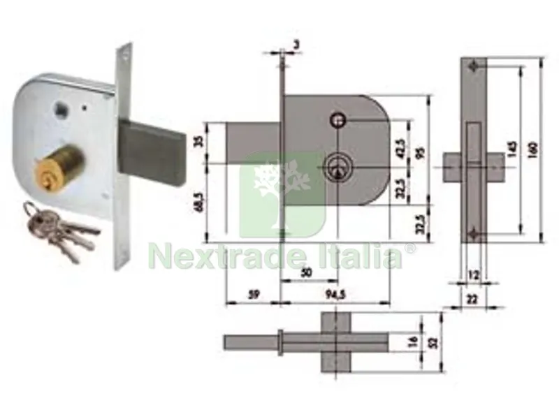 2PZ serratura infilare per cancelli con quadro catenaccio e scrocco 42310 - mm.50 (42310500) — Lucchetti e catene — rif. FERX.FER65436