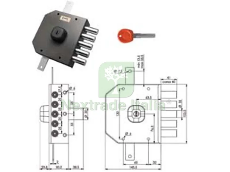 Serratura Triplice Applicare Senza Scrocco a Pompa JM433 mm.63 DX — Serrature e cilindri — rif. FERX.FER11167