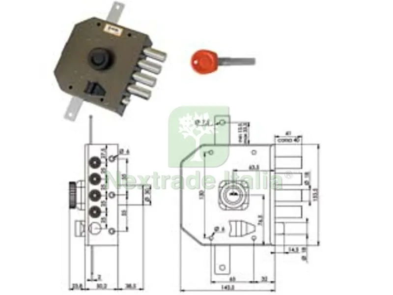 SERRATURA TRIPLICE DA APPLICARE CON SCROCCO CON POMOLO A POMPA JM424 mm.63 DX — Serrature e cilindri — rif. FERX.FER11372