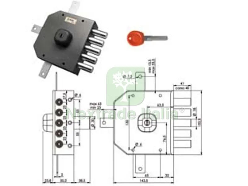 SERRATURA QUINTUPLICE DA APPLICARE SENZA SCROCCO A POMPA JM435 mm.63 SX — Serrature e cilindri — rif. FERX.FER17084