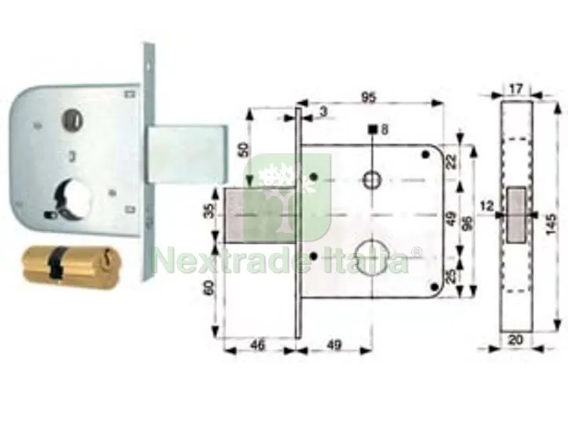 2PZ Serratura Infilare Cancelli Catenaccio e Scrocco + Quadro Cilindro Tondo 134 - MM.50 (134 50 0) — Lucchetti e catene — rif. FERX.FER50777 2PZ Serratura Infilare Cancelli Catenaccio e Scrocco + Quadro Cilindro Tondo 134 - MM.50 (134 50 0) — Lucchetti e catene — rif. FERX.FER50777