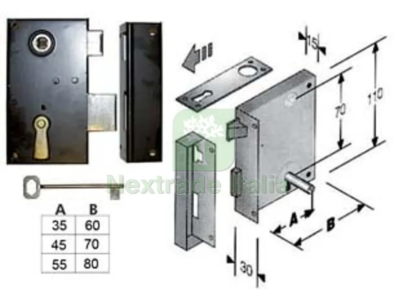 2PZ SERRATURA DA APPLICARE PER CANTINE 185 - entrata mm.45 lunghezza mm.70 SX — Serrature e cilindri — rif. FERX.FER413640 2PZ SERRATURA DA APPLICARE PER CANTINE 185 - entrata mm.45 lunghezza mm.70 SX — Serrature e cilindri — rif. FERX.FER413640