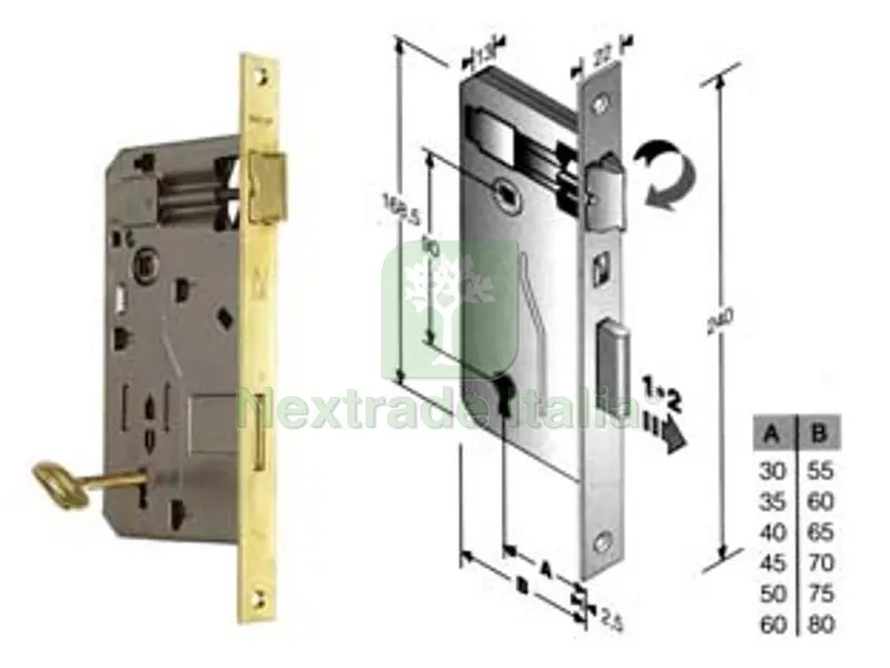 Serratura a Bussola da Infilare Bordo Quadro Ottonato - mm.50 bordo acciaio ottonato — Serrature e cilindri — rif. FERX.FER77903