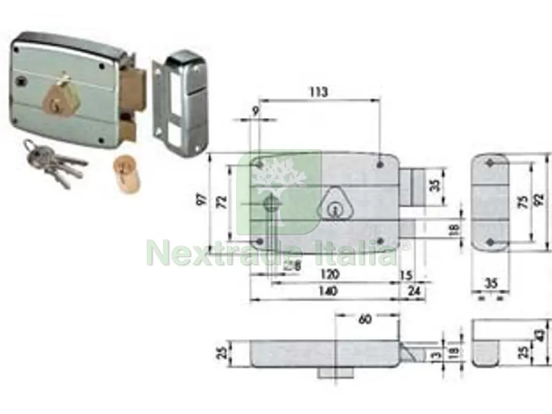 serratura portoncino quadro catenaccio e scrocco cilindro fisso 50471 - mm.60 sx (50471602) — Lucchetti e catene — rif. FERX.FER86028