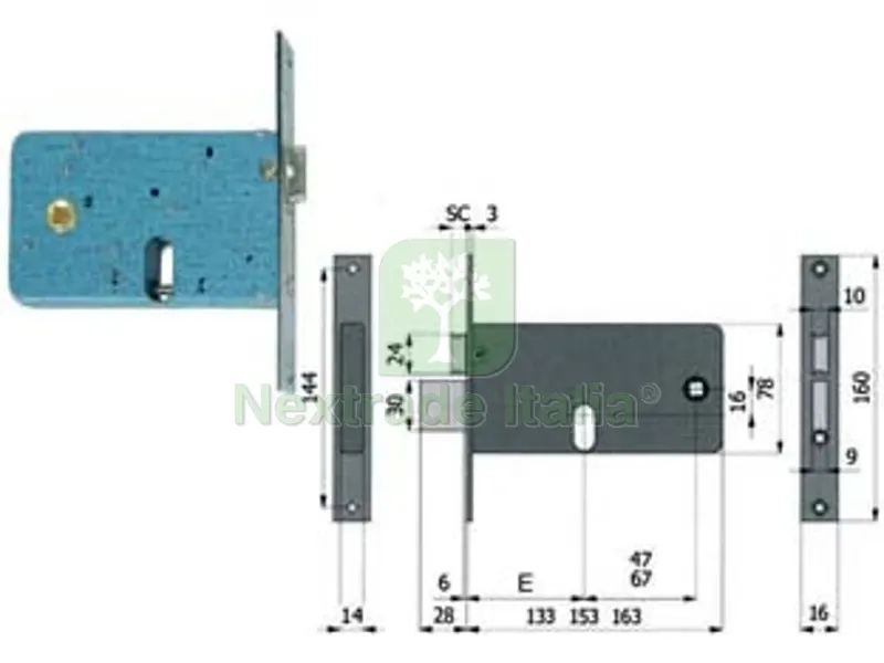 Serratura da Infilare per Fasce Catenaccio e Scrocco MM.78 H 870 - mm.60 interasse mm.47 (370) — Lucchetti e catene — rif. FERX.FER110426
