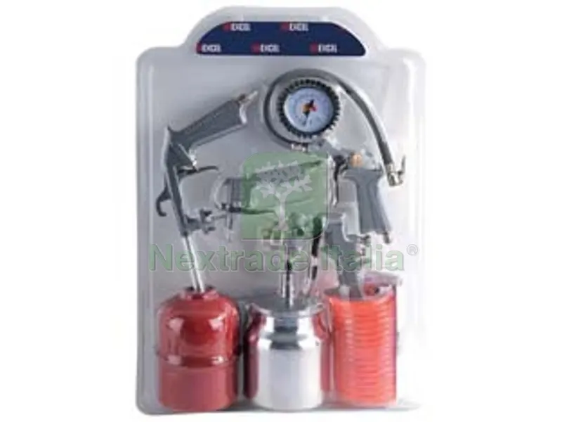 kit aria compressa 5 pezzi con attacchi a baionetta in alluminio composto da: aerografo, lavaggio, soffiaggio, gonfiaggio, tubo spiralato con raccordi a baionetta — Spatole e attrezzi per stesura — rif. FERX.FER120036