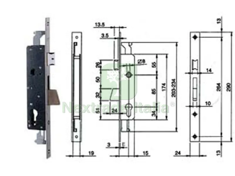 Serratura Triplice Infilare per Montanti e Pers. con Quadro e Scrocco 783 - MM.35 (783351IFZ) — Serrature e cilindri — rif. FERX.FER139182 Serratura Triplice Infilare per Montanti e Pers. con Quadro e Scrocco 783 - MM.35 (783351IFZ) — Serrature e cilindri — rif. FERX.FER139182