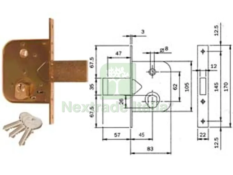 2PZ Serratura da Infilare per Cancelli con Quadro Caten. Prol. e Scrocco 600 - MM.45 (600450) — Serrature e cilindri — rif. FERX.FER171700