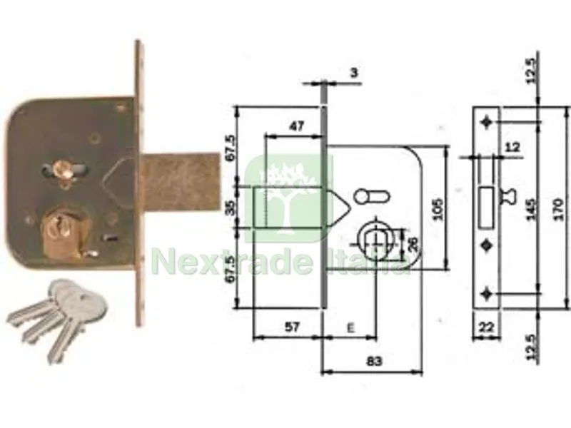 2PZ Serratura da Infilare per Cancelli Caten. Prol. e Scrocco con Nottol. 604 - MM.45 (604451) — Serrature e cilindri — rif. FERX.FER171724 2PZ Serratura da Infilare per Cancelli Caten. Prol. e Scrocco con Nottol. 604 - MM.45 (604451) — Serrature e cilindri — rif. FERX.FER171724