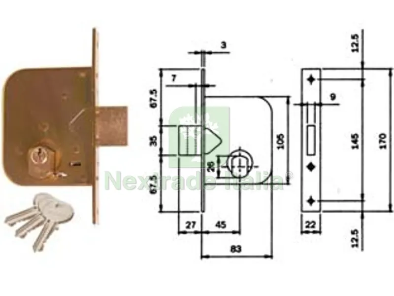 2PZ serratura da infilare per cancelli solo catenaccio 601 - mm.45 (601450) — Lucchetti e catene — rif. FERX.FER171731