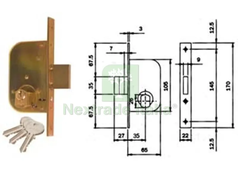 2PZ serratura da infilare per cancelli solo catenaccio 605 - mm.35 (605350) — Lucchetti e catene — rif. FERX.FER171748