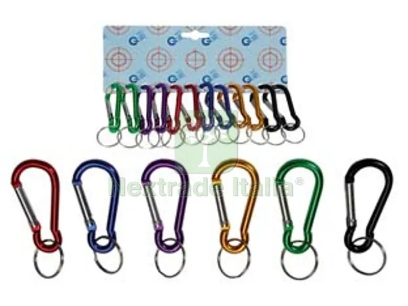 MOSCHETTONI PORTACHIAVI IN ALLUMINIO CON ANELLO ? mm.8x80 corpo tubolare in alluminio su cartella da pezzi 12 colori assortiti corpo tubolare in alluminio su cartella da pezzi 12 colori assor — Ganci, moschettoni e anelli — rif. FERX.FER175647