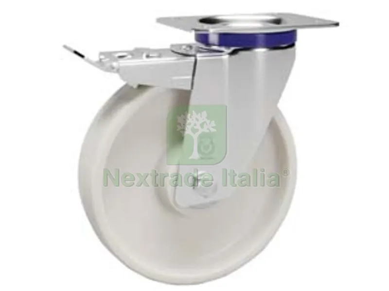 Ruote in Poliammide C/Supporto Inox C/Piastra Girevole Freno "119ANT" — Ferramenta per legno e mobili — rif. FERX.FER175838 Ruote in Poliammide C/Supporto Inox C/Piastra Girevole Freno "119ANT" — Ferramenta per legno e mobili — rif. FERX.FER175838