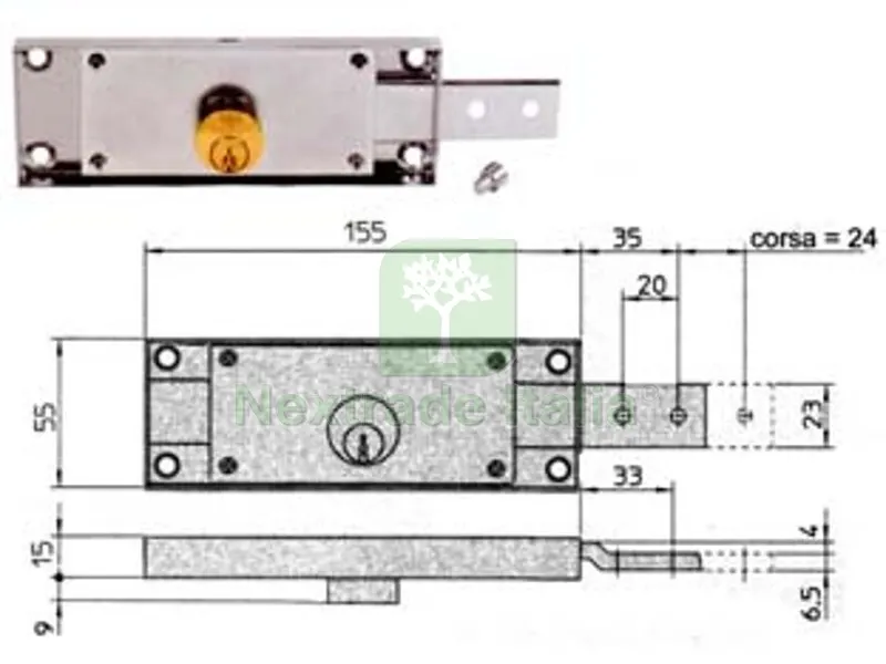 2PZ Serratura per Serranda Laterale Cilindro Fisso Tondo - SX mm.155x15x55h. (8233.9) — Serrature e cilindri — rif. FERX.FER186469