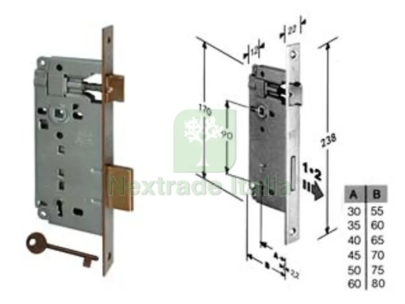 Serratura a Bussola da Infilare Bordo Quadro Bronzato - mm.45 bordo acciaio bronzato (B.00592.45.02) — Serrature e cilindri — rif. FERX.FER203814