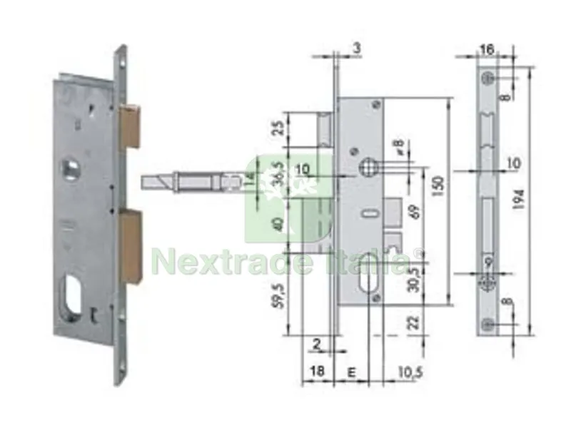 SERRATURA DA INFILARE PER MONTANTI CATENACCIO E SCROCCO 2 MAND. 44225 - mm.35 (44225350) — Lucchetti e catene — rif. FERX.FER482691
