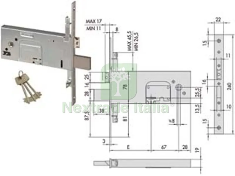 Serratura Triplice da Infilare per Fasce DM Frontale 22 MM.78 H 57357 — Serrature e cilindri — rif. FERX.FER147095