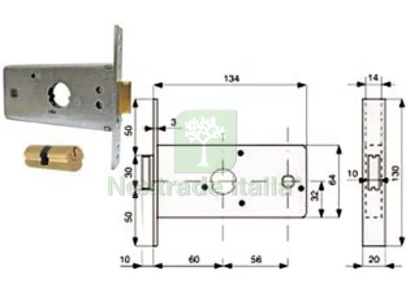 2PZ Serratura Infilare per Fasce Caten. 1 Mandata e Scrocco MM.64 H 288602 - MM.60 (288.60.2) — Serrature e cilindri — rif. FERX.FER284035