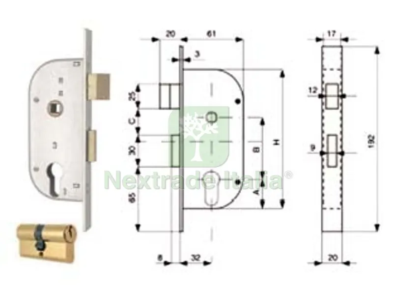 2PZ Serratura Infilare Cancelli 2 Mandate e Scrocco Separato + Quadro Cilindro SAG. 148 - MM.32 (148.32.0) — Serrature e cilindri — rif. FERX.FER284097