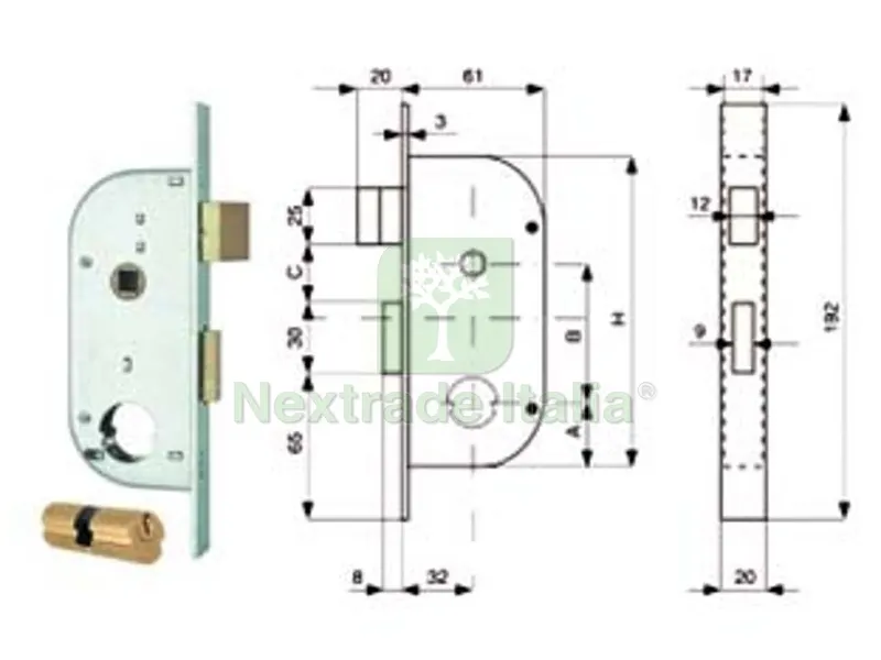2PZ Serratura Infilare Cancelli 2 Mandate e Scrocco Separato + Quadro Cilindro Tondo 149 - MM.32 (149.32.0) — Serrature e cilindri — rif. FERX.FER284103 2PZ Serratura Infilare Cancelli 2 Mandate e Scrocco Separato + Quadro Cilindro Tondo 149 - MM.32 (149.32.0) — Serrature e cilindri — rif. FERX.FER284103
