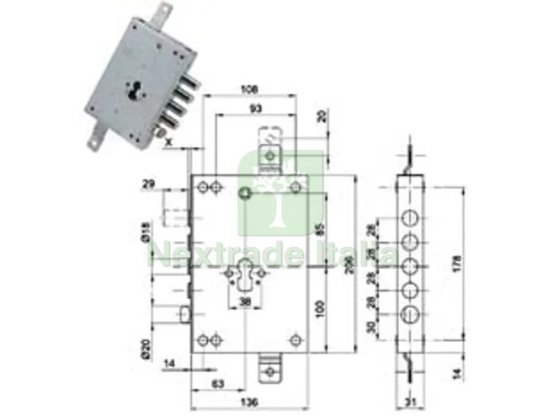 Serratura Triplice da Applicare con Scrocco Cilindro Europeo Blindate 50128 - MM.63 — Serrature e cilindri — rif. FERX.FER287128 Serratura Triplice da Applicare con Scrocco Cilindro Europeo Blindate 50128 - MM.63 — Serrature e cilindri — rif. FERX.FER287128