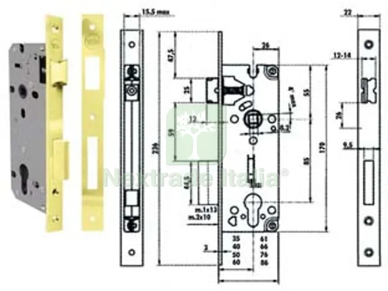 Serratura da Infilare a Cilindro Bordo Quadro 52X - mm.60 (Y52X0060) — Serrature e cilindri — rif. FERX.FER311687 Serratura da Infilare a Cilindro Bordo Quadro 52X - mm.60 (Y52X0060) — Serrature e cilindri — rif. FERX.FER311687