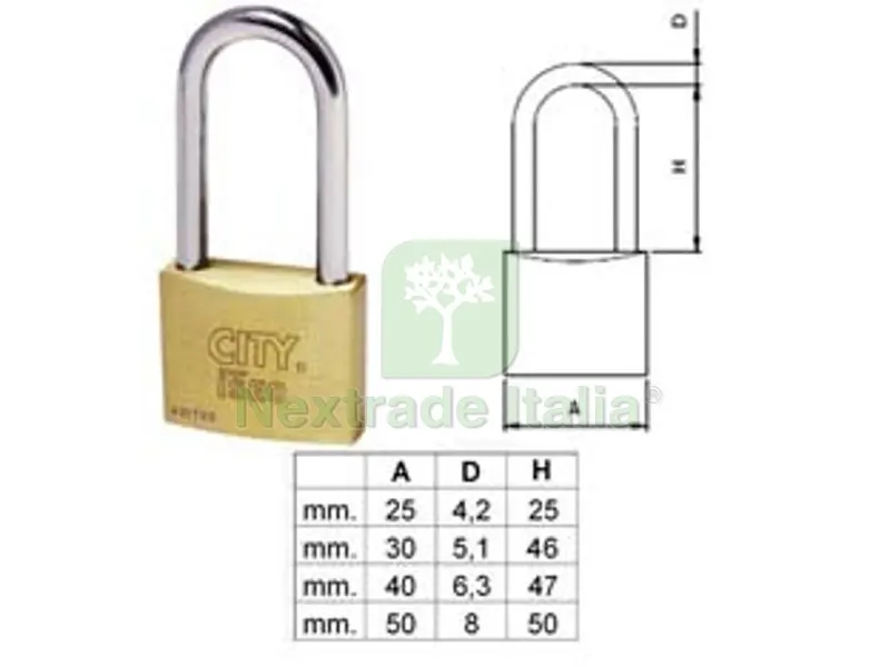 10PZ lucchetto ottone arco lungo "aditus city" p700 - mm.25 (p70025257) — Lucchetti e catene — rif. FERX.FER321358
