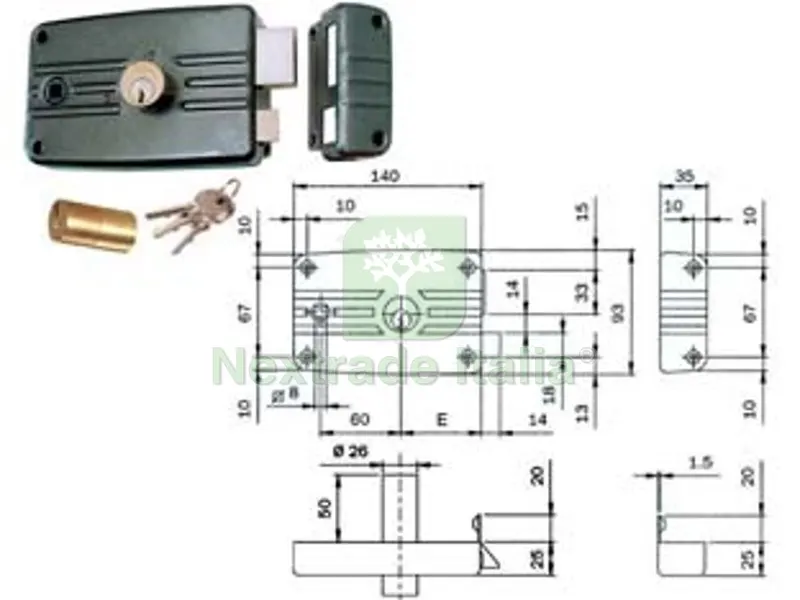 2PZ Serratura Applicare Porte Ferro Quadro CIL.FISSO C/Aletta 481/482 — Serrature e cilindri — rif. FERX.FER95402