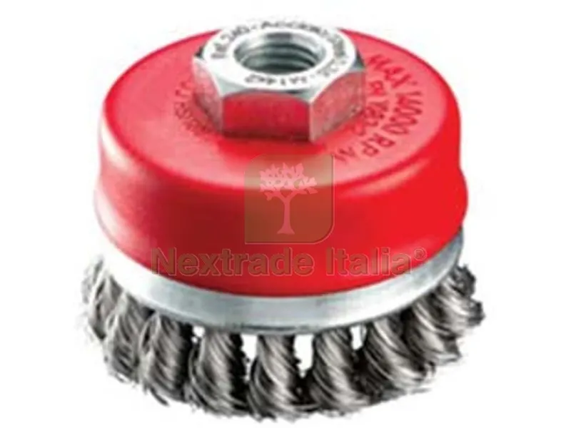 SPAZZOLA A TAZZA FILI ACCIAIO ZINCATO RITORTI PER SMERIGLIATRICE - ? mm.65 filettato mm.14 MA — Punte, frese e dischi — rif. FERX.FER336666