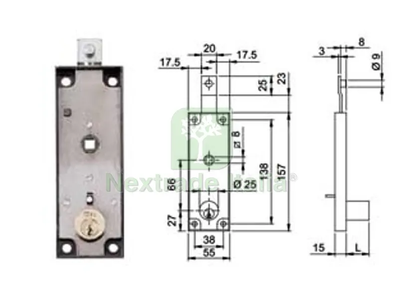 2PZ serratura per serrande basculanti cilndro fisso quadro maniglia 643 - mm.157x15x55h. (643150) — Serrature e cilindri — rif. FERX.FER351317 2PZ serratura per serrande basculanti cilndro fisso quadro maniglia 643 - mm.157x15x55h. (643150) — Serrature e cilindri — rif. FERX.FER351317