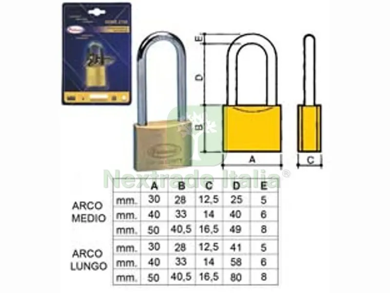 12PZ Lucchetto Ottone Arco Lungo 2700 in Blister - mm.30 arco lungo (2770B) — Lucchetti e catene — rif. FERX.FER373982