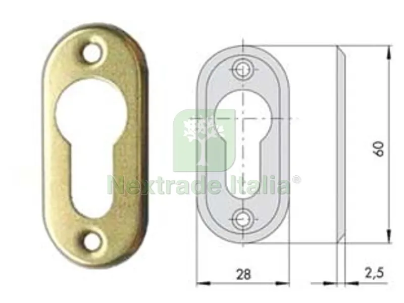 10PZ bocchetta in ottone per cilindri sagomati 06012 00 - mm.28x60, spessore mm.2,5 (06012000) — Serrature e cilindri — rif. FERX.FER394529 10PZ bocchetta in ottone per cilindri sagomati 06012 00 - mm.28x60, spessore mm.2,5 (06012000) — Serrature e cilindri — rif. FERX.FER394529