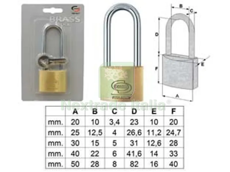 12BLISTER Lucchetto Ottone Arco Lungo Prium PL112 in Blister - mm.20 (PL1122100) — Lucchetti e catene — rif. FERX.FER395960